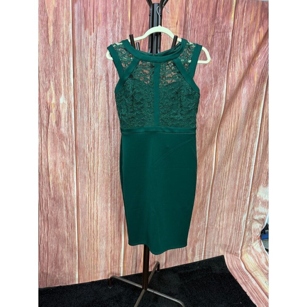 En Focus Studio Sheath Dress Womens 8 Green Mesh Lace Stretch Classic Sleeveless